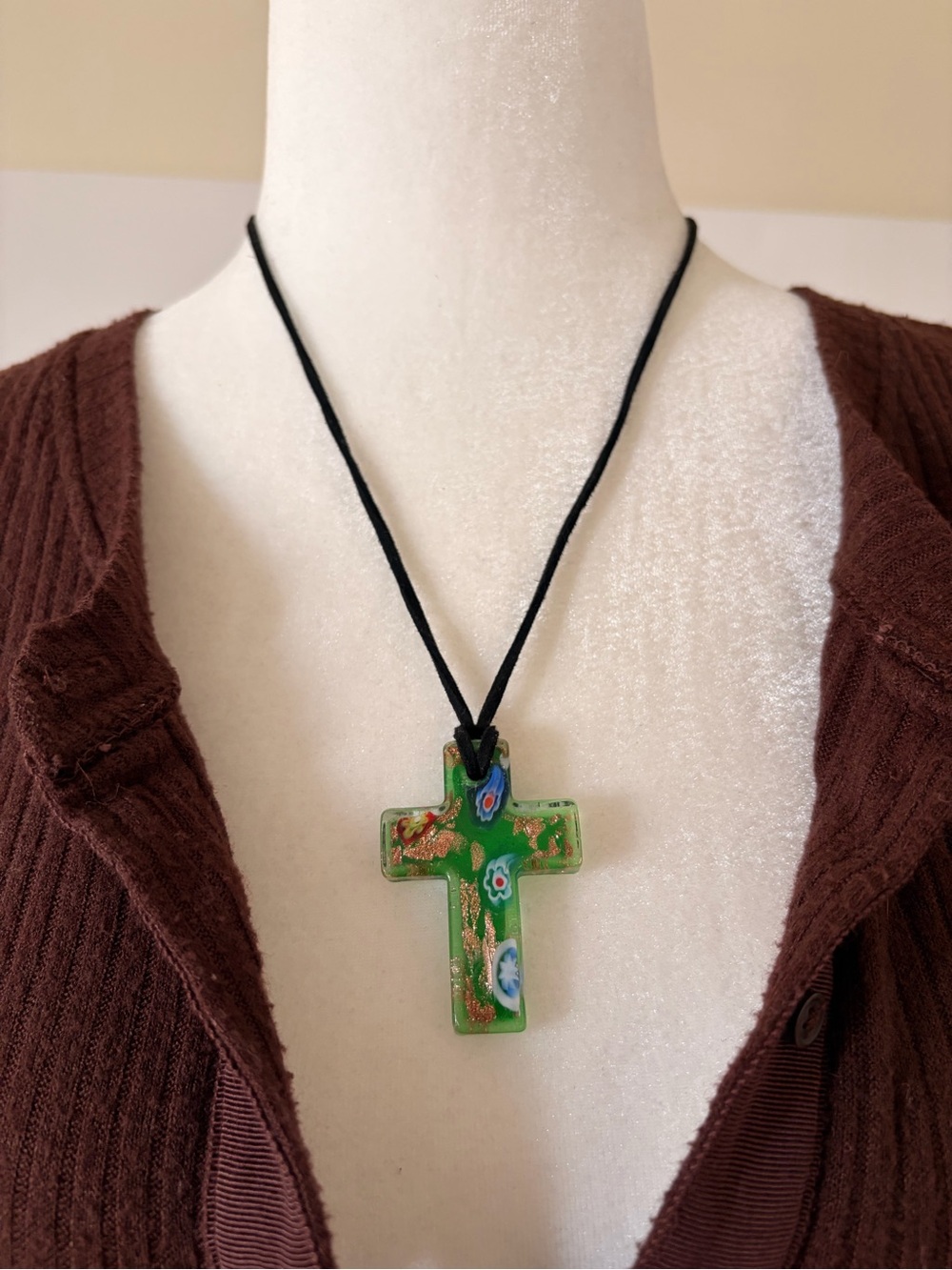 Green Cross Pendant Necklace - Handmade Millefiori Design